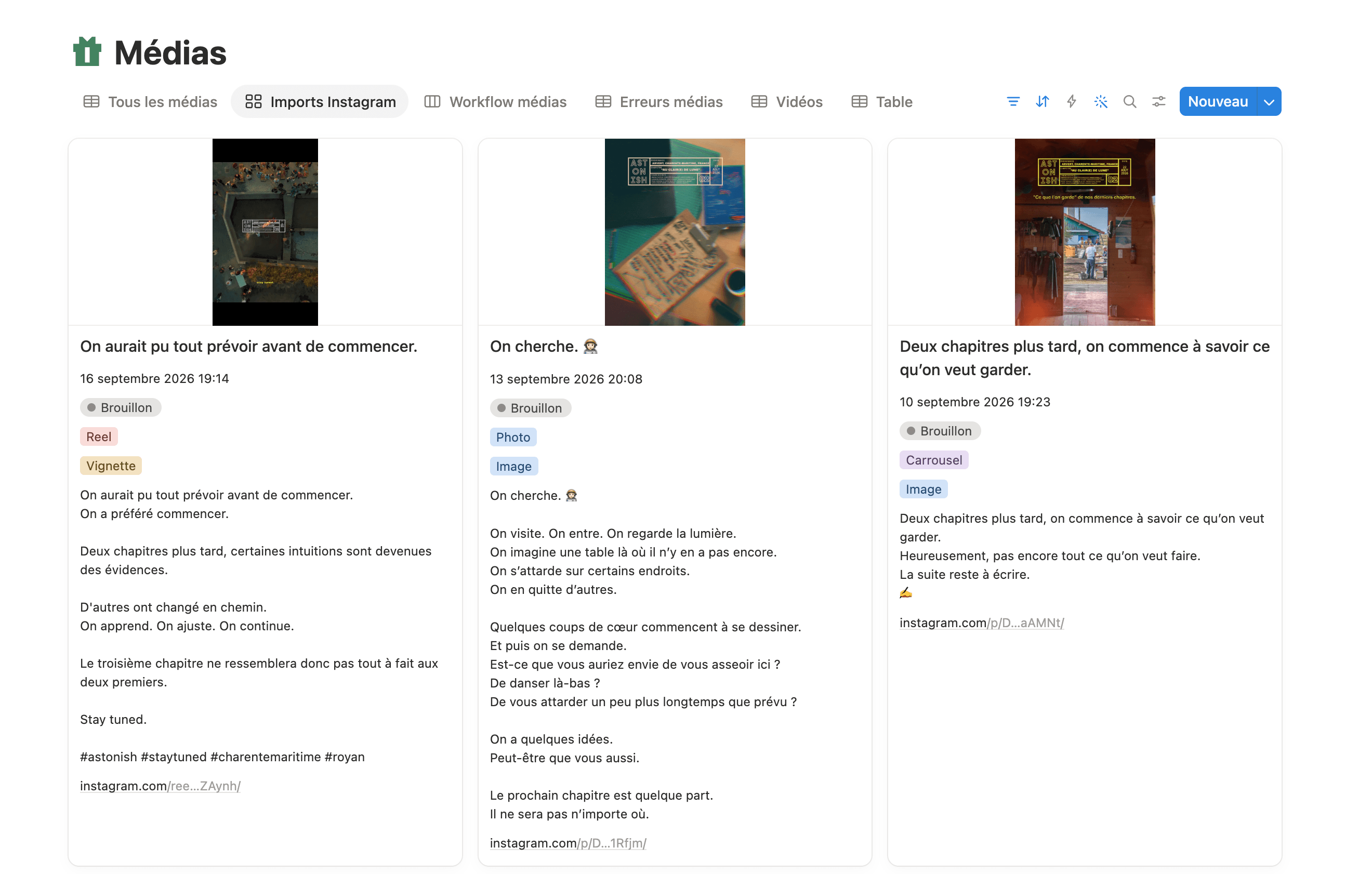 La base instantanés sur Notion (les images de Instagram)
